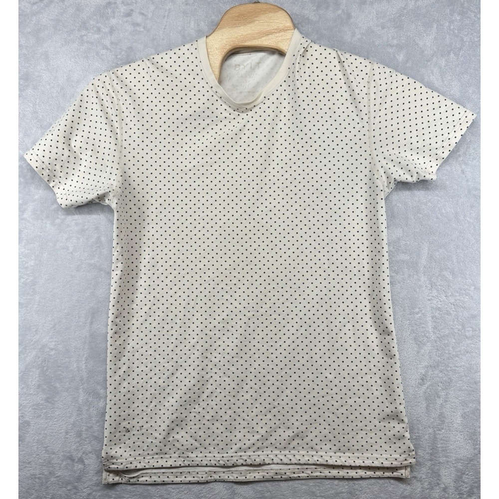 BYLT Basic Crew Split Hem Lux T Shirt Beige Polka Dot Men's Size Large L EUC